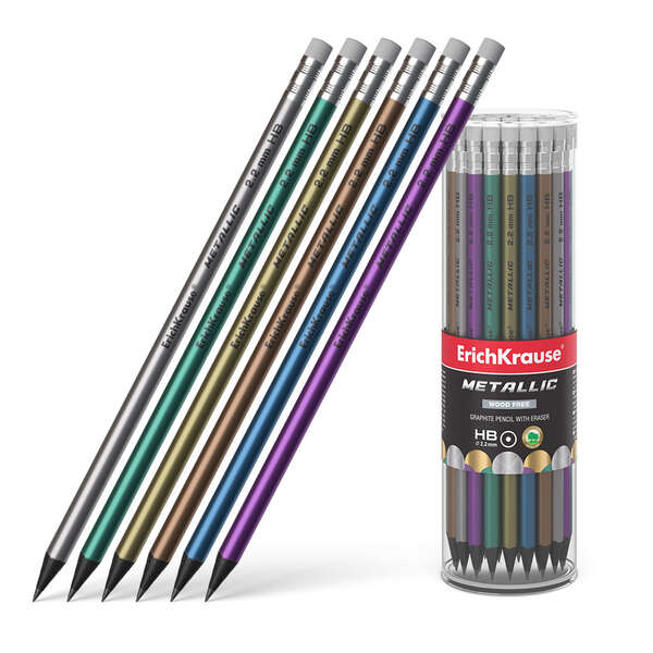 224317_1 Erichkrause Metallic Lapiz de Grafito HB con Goma de Borrar - Cuerpo Redondo de Plastico - Colores Surtidos - Imagen 1