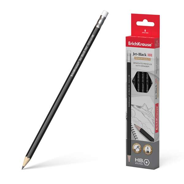 224337_1 Erichkrause Jet Black 101 Lapiz de Grafito Hexagonal HB con Goma de Borrar - Resistente al Impacto - Color Negro - Imagen 1