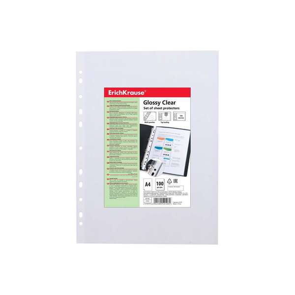225107_1 Erichkrause Glossy Clear Pack de 100 Fundas Multitaladro A4 100mic - 11 Taladros - Acabado Brillante Transparente - Imagen 1
