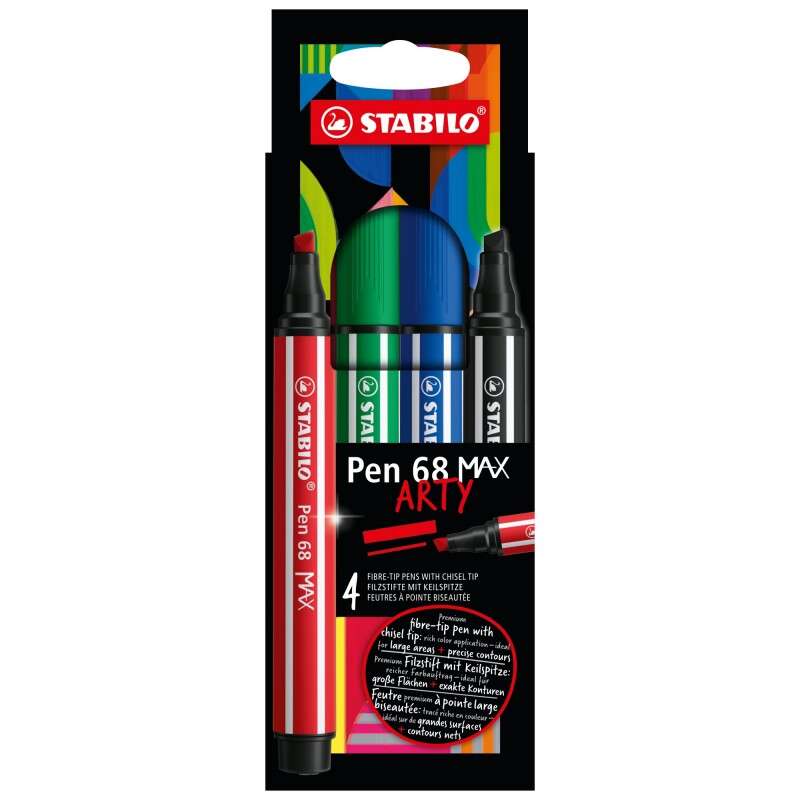 232342_1 Stabilo Pen 68 MAX Arty Pack de 4 Rotuladores - Punta de Fibra Biselada - Trazo entre 1-5mm aprox. - Tinta a Base de Agua - Colores Surtidos - Imagen 1