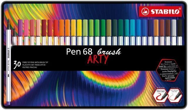 232587_1 Stabilo Pen 68 Brush Arty Caja Metalica de 30 Rotuladores - Punta de Pincel - Tinta a Base de Agua - Colores Surtidos - Imagen 1