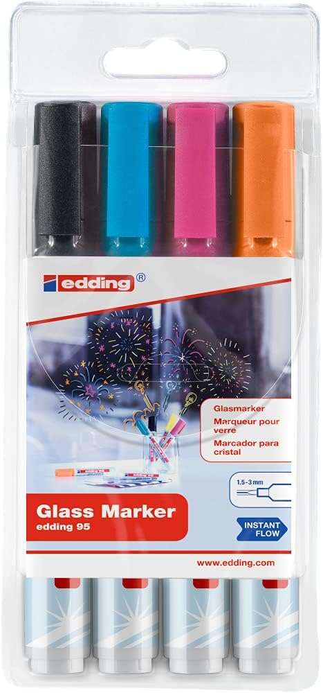 234427_1 Edding 95 Pack de 4 Rotuladores de Tiza Liquida - Punta Redonda - Trazo 1.5-3mm - Colores Negro, Naranja, Rosa y Azul - Imagen 1