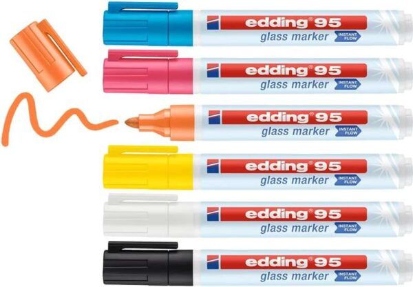 Edding 95 Pack de 6 Rotuladores de Tiza Liquida - Punta Redonda - Trazo 1.5-3mm - Colores Blanco, Amarillo, Negro, Naranja, Rosa y Azul - Imagen 2