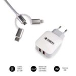Subblim Cargador de pared dual - 1m - Exterior de nylon resistente y flexible - Conectores de aluminio - Carga rápida y simultánea de dos dispositivos - Color Blanco - Imagen 2