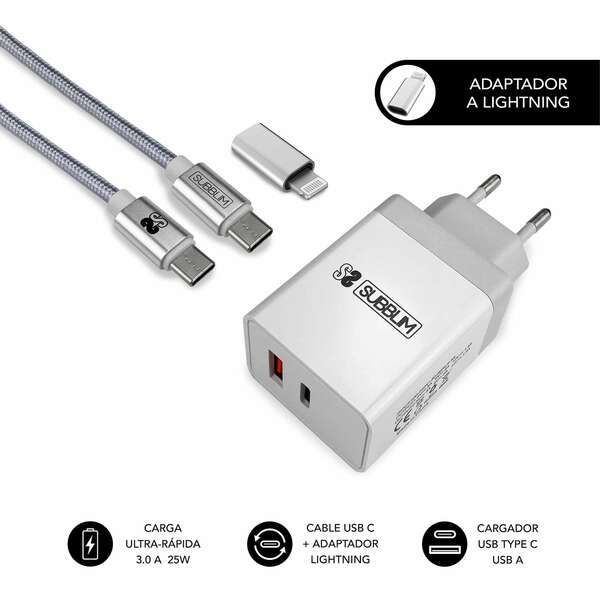 Wall-Cable-c-ultrarapido-black-ADAPTER Subblim Cargador de Pared 25W - 2 Puertos (USB C + USB A) - Carga ultra rápida - Cable USB C de altas prestaciones - Exterior de fibra de nailon - Longitud 1m - Color Blanco - Imagen 1