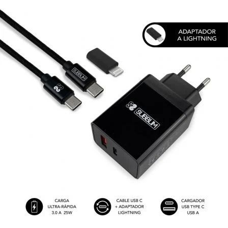 234497_1 Subblim Cargador doméstico de 2 puertos - 25W - Carga rápida PD 3.0/2.0/Quick Charge 3.0 4.0 2.0 - Cable USB C reversible - Color Negro - Imagen 1