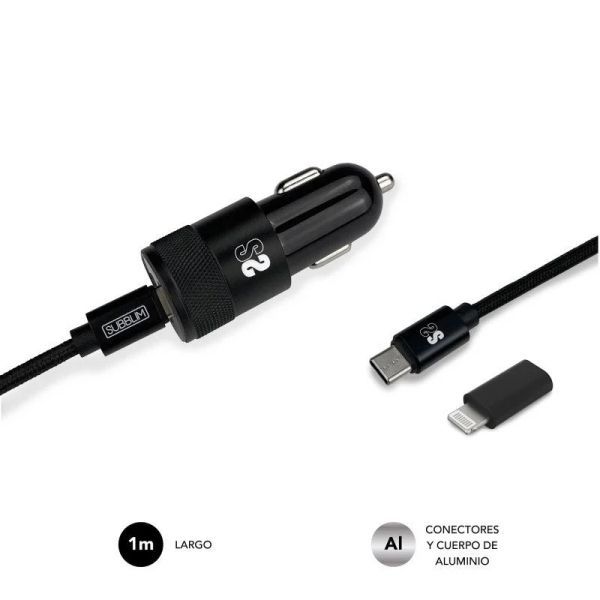 234517_1 Subblim Cargador Coche Dual PD20W+QC3.0+C to C/Lightning cable - Carga Rápida - 2 Puertos USB C + USB A - Cable USB C reversible con adaptador Lightning - Potencia máxima 20W - Color Negro - Imagen 1