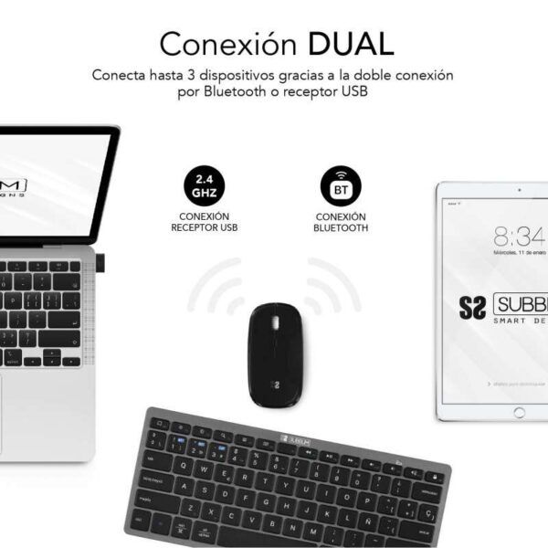 Subblim Combo Multidispositivo - Teclado y Ratón - Tecnología inalámbrica Bluetooth y radiofrecuencia 2.4G - Ratón con batería recargable y 3 niveles de DPI ajustables - Color Negro - Imagen 2