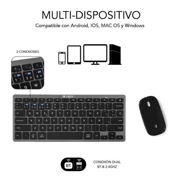 Subblim Combo Multidispositivo - Teclado y Ratón - Tecnología inalámbrica Bluetooth y radiofrecuencia 2.4G - Ratón con batería recargable y 3 niveles de DPI ajustables - Color Negro - Imagen 3