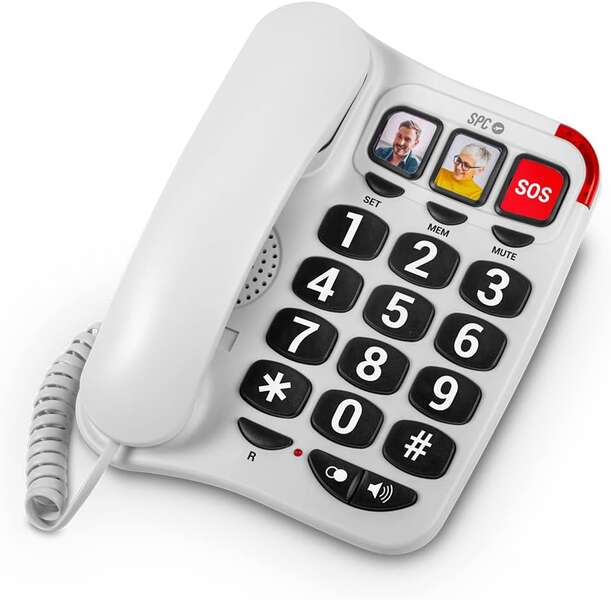 236232_1 SPC Telefono Fijo para Personas Mayores - Teclas XXL - Llamadas con una Sola Pulsacion - Volumen de Timbre de 93Db - Compatible con Audifonos - sin Pilas ni Conexion a la Luz - Color Blanco - Imagen 1