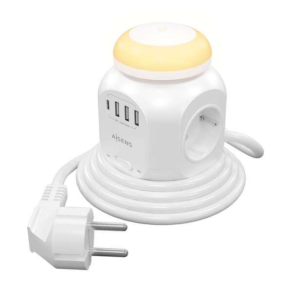 236387_1 Aisens Regleta de Enchufes Sobremesa Multifuncion con 4 Tomas + 1xUSB-C - 3xUSB-A - Luz Nocturna - 1.8m - Color Blanco - Imagen 1