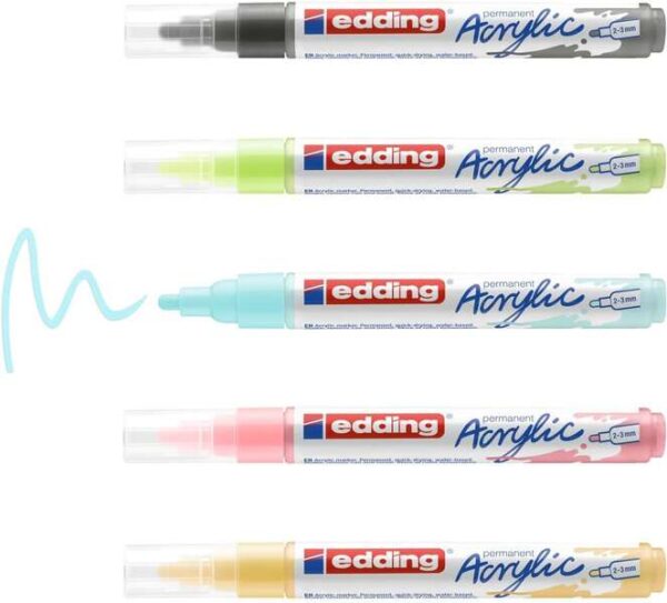 Edding 5100 Acrylic Pack de 5 Rotuladores Permanentes Acrilicos Pastel - Punta Redonda 2-3mm - Trazo Medio - Resistente a la Luz - Secado Rapido - Colores Pastel Surtidos - Imagen 2
