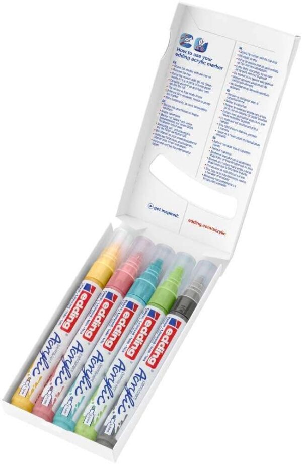 Edding 5100 Acrylic Pack de 5 Rotuladores Permanentes Acrilicos Pastel - Punta Redonda 2-3mm - Trazo Medio - Resistente a la Luz - Secado Rapido - Colores Pastel Surtidos - Imagen 3