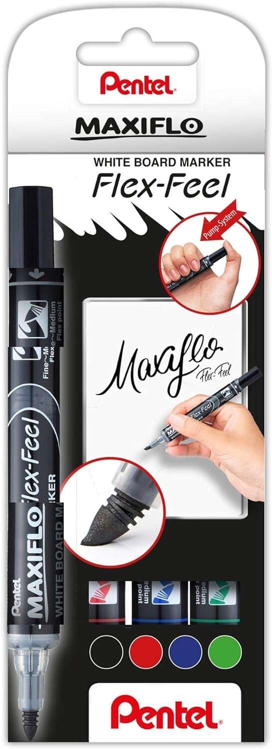 238072_1 Pentel Maxiflo Flex-Feel Pack de 4 Rotuladores para Pizarra Blanca - Punta Flexible 4.6mm - Dosificacion de Tinta mediante Embolo - Colores Negro, Azul, Rojo y Verde - Imagen 1