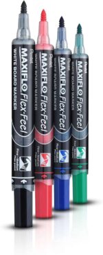 Pentel Maxiflo Flex-Feel Pack de 4 Rotuladores para Pizarra Blanca - Punta Flexible 4.6mm - Dosificacion de Tinta mediante Embolo - Colores Negro, Azul, Rojo y Verde - Imagen 2