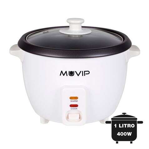240017_1 Muvip Arrocera - Capacidad 1 Litro - Potencia 400W - Sistema de Coccion y Calentamiento - Recipiente Interior Antiadherente - Tapa de Cristal - Accesorios Incluidos - Color Blanco - Imagen 1