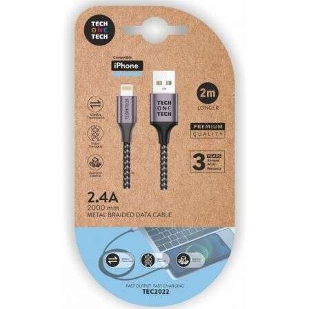 241472_1 TechOneTech Cable USB-A Macho a Lightning Macho 2m - Recubierto de Nylon Trenzado - Imagen 1