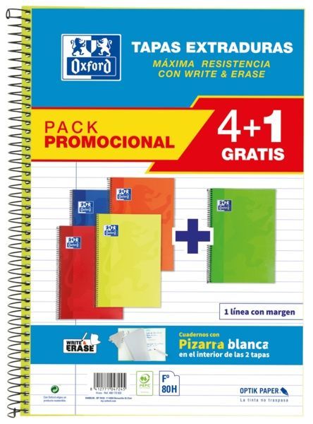 251882_1 Oxford School Classic Write&Erase Pack 4+1 Fº - Cuaderno Espiral - Tapa Extradura - 1 Linea con Margen - 80 Hojas - Colores Surtidos - Imagen 1