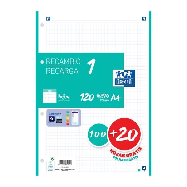 253787_1 Oxford School Recambio A4 120 Hojas Cuadricula 5x5mm - 4 Taladros - Banda de Color Ice Mint - Imagen 1