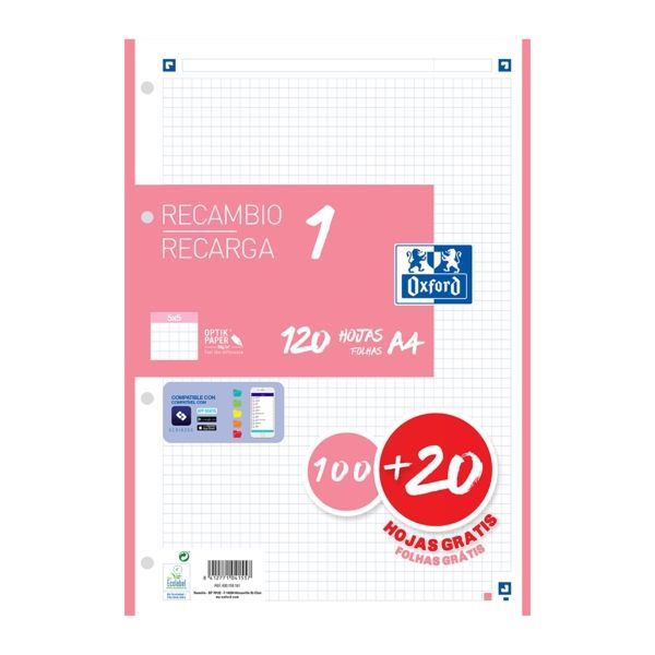 253797_1 Oxford School Recambio A4 120 Hojas Cuadricula 5x5mm - 4 Taladros - Banda de Color Rosa - Imagen 1