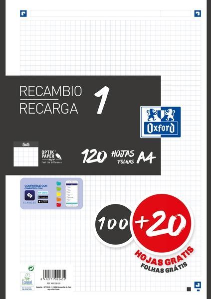 253832_1 Oxford School Recambio A4 120 Hojas Cuadricula 5x5mm - 4 Taladros - Banda de Color Negro - Imagen 1