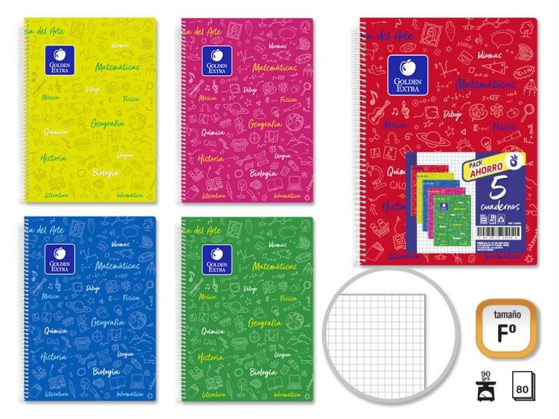 270077_1 Golden Pack de 5 Cuadernos Asignatura Folio 80 Hojas 90gr Cuadricula 4x4 - Resistente - Tapa Dura - Ideal para Estudiantes - Colores Surtidos - Imagen 1