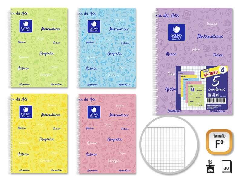 270082_1 Golden Pack de 5 Cuadernos Asignatura Folio 80 Hojas 90gr Cuadricula 4x4 - Resistente - Tapa Dura - Ideal para Estudiantes - Colores Pastel Surtidos - Imagen 1