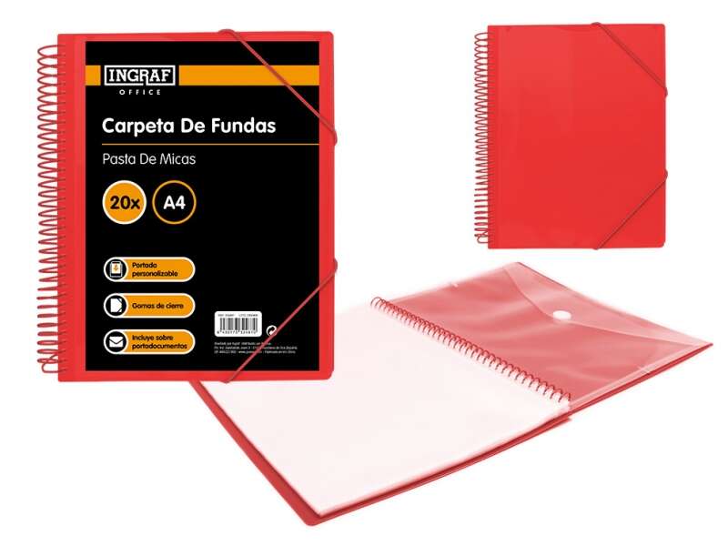 270302_1 Ingraf Carpeta 20 Fundas A4 + Sobre con Broche - Espiral Plastica Indeformable - Apertura 360 Grados - Portada Personalizable - Color Rojo - Imagen 1