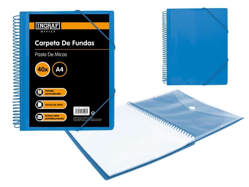 270347_1 Ingraf Carpeta 40 Fundas A4 + Sobre con Broche - Espiral Plastica Indeformable - Apertura 360 Grados - Portada Personalizable - Color Azul - Imagen 1