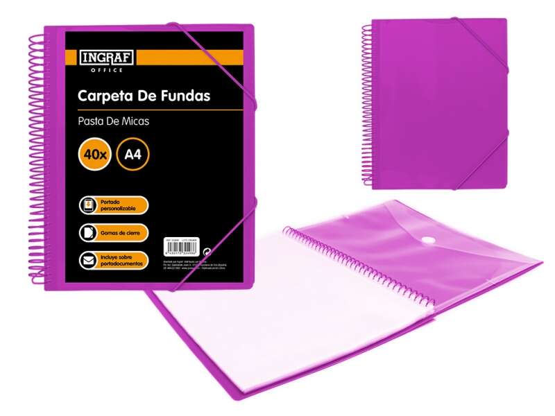 270357_1 Ingraf Carpeta 40 Fundas A4 + Sobre con Broche - Espiral Plastica Indeformable - Apertura 360 Grados - Portada Personalizable - Color Morado - Imagen 1