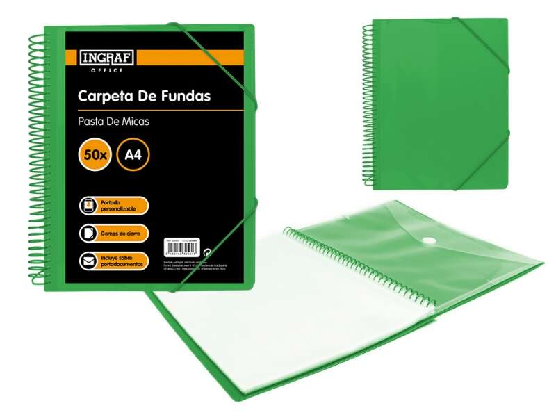 270372_1 Ingraf Carpeta 50 Fundas A4 + Sobre con Broche - Espiral Plastica Indeformable - Apertura 360 Grados - Portada Personalizable - Color Verde - Imagen 1