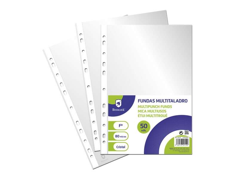 270402_1 Bismark Pack de 50 Fundas Multitaladro Tamaño Folio 80 Micras - Acabado en Cristal - Ideal para Carpetas con Mecanismo de Anillas - Disponible en Varios Tamaños - Imagen 1