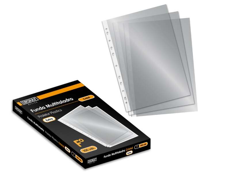 270417_1 Ingraf Pack de 100 Fundas Multitaladro - Tamaño Folio - Acabado en Cristal - Transparente - Imagen 1