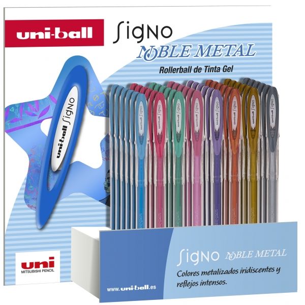 272682_1 Uni-ball Signo Noble Metal Expositor de 48 Boligrafos de Tinta Gel - Punta de Bola 0.8mm - Tinta Resistente al Agua y Luz - Escribe en Papel Negro y Blanco - Colores Surtidos - Imagen 1