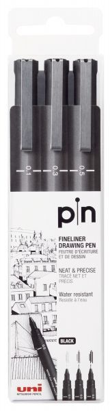 274802_1 Uni-ball Uni Pin Pack de 3 Rotuladores Calibrados 0.1, 0.3, 0.5 - Punta Poliacetal - Tinta Pigmentada Resistente al Agua y Luz - Ideal para Dibujo Profesional y Escritura - Color Negro - Imagen 1