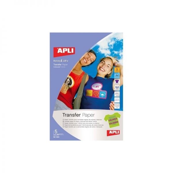 277757_1 Apli Pack de 5 Hojas de Papel Transfer para Impresoras Inkjet - Ideal para Prendas de Color - Perfecto para Personalizar Ropa de Algodon - Facil de Usar y Lavar con Agua Fria - Imagen 1