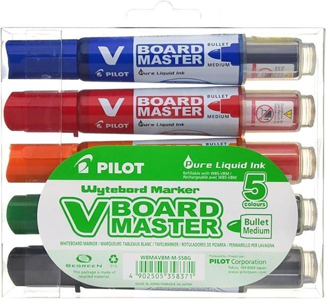 279987_1 Pilot V-Board Master Begreen Pack de 5 Rotuladores para Pizarra Blanca - Punta Redonda 6mm - Trazo 2.3mm - 91% Plastico Reciclado - Recargable - Colores Surtidos - Imagen 1