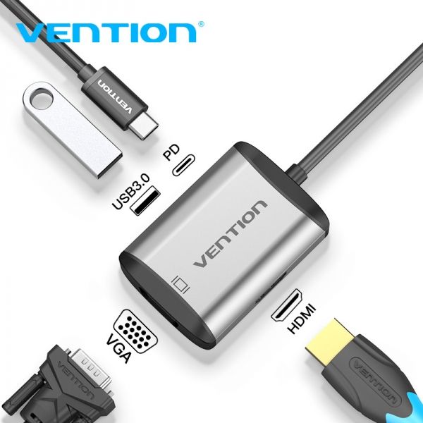281837_1 Vention Docking Station 4 en 1 USB-C a HDMI/VGA/USB3.0/PD87W - 0.15m - Color Gris - Imagen 1