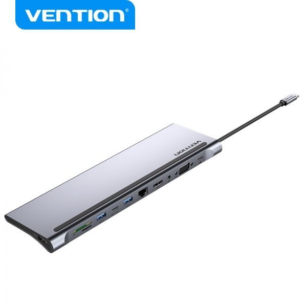 281912_1 Vention Docking Station 11 en 1 USB-C a HDMI/VGA/USB-C/USB 3.0x2/USB2.0/RJ45/SD/TF/Audio Jack/PD100W - 0.25m - Color Gris Metalizado - Imagen 1