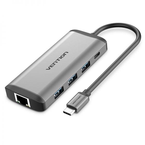 283817_1 Vention Docking Station 7 en 1 USB-C a HDMI 4K/3xUSB3.0/RJ45/Lector SD/TF/PD87W - 0.15m - Color Gris - Imagen 1