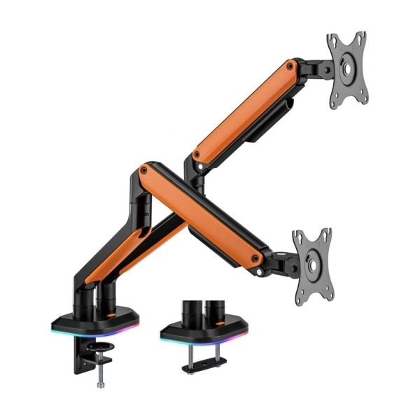 284957_1 Aisens Soporte de Mesa Profesional Gaming RGB - Giratorio e Inclinable - Acero de Alta Resistencia - Iluminacion Ambiental - Compatible Vesa - Carga Maxima 9Kg - Sistema de Pasacables - Color Negro/Naranja - Imagen 1