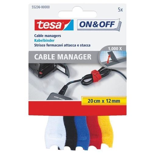 285332_1 Tesa On & Off Cables Manager Pack de Tiras de Velcro 20cm x 12mm - Para Organizar Cables - Colores Surtidos - Imagen 1