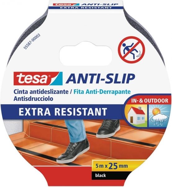 285367_1 Tesa Cinta Adhesiva Antideslizante 25mm x 5m - Extremadamente Fuerte y Duradera - Adhesion muy Fuerte - Se puede Cortar a Mano - Color Negro - Imagen 1