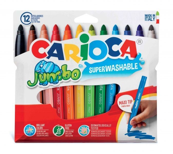 285417_1 Carioca Jumbo Pack de 12 Rotuladores - Cuerpo Octogonal Maxi - Tinta Superlavable - Punta Maxi 6mm Bloqueada - Tapa Ventilada - Color Varios - Imagen 1