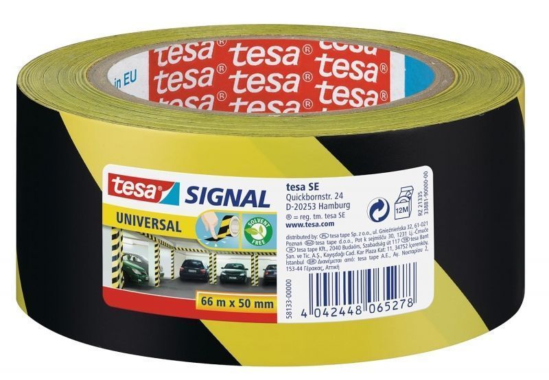 285462_1 Tesa Cinta Adhesiva de Señalizacion 50mm x 66m - Ideal para Señalizar Obstaculos Permanentes - Adhesivo sin Disolventes - Color Amarillo/Negro - Imagen 1