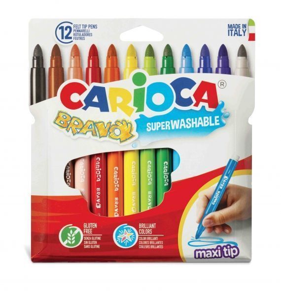 285507_1 Carioca Bravo Pack de 12 Rotuladores - Cuerpo Octogonal Maxi - Tinta Superlavable - Punta Maxi 6mm Bloqueada - Tapa Ventilada - Colores surtidos - Imagen 1