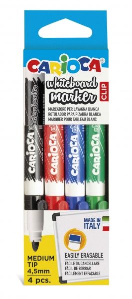 285922_1 Carioca Whiteboard Clip Pack de 4 Rotuladores Borrables para Pizarras Blancas - Punta Media - Punta de Ø 4.5mm - Tapa con Clip - Secado Rapido - Color Varios - Imagen 1