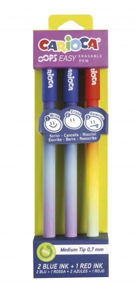 286207_1 Carioca Oops Easy Pack de 3 Boligrafos Borrables con Punta de Ø 0.7mm - Tinta Termo Sensible - Cuerpo con Efecto Degradado - Doble Goma - Colores Surtidos - Imagen 1