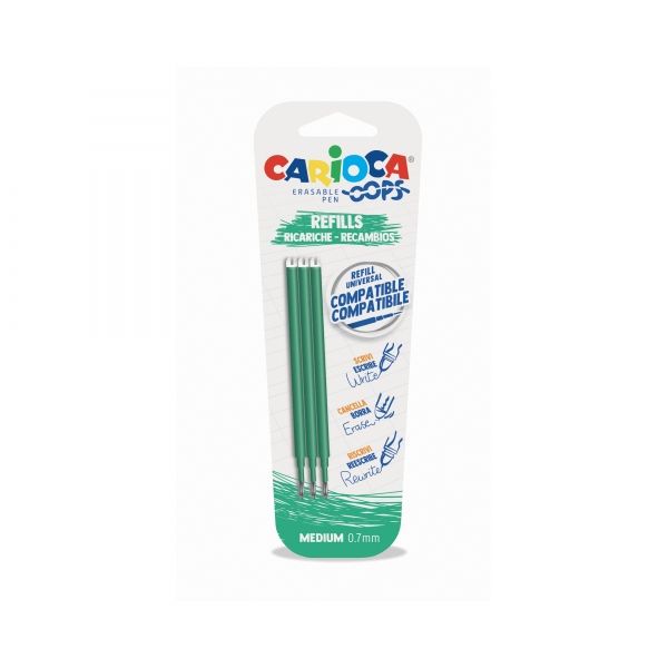 286292_1 Carioca Oops Pack de 3 Recambios para Boligrafo Borrable - Tinta Termo Sensible - Punta de 0.7mm - Compatibles con Boligrafo Oops - Color Verde - Imagen 1