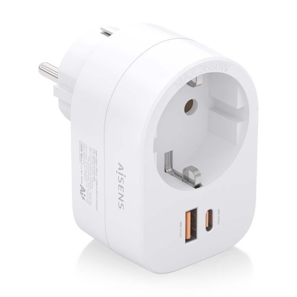 294327_1 Aisens Regleta de Pared Multifuncion con 1 Toma + 1xUSB-C 20W PD3.0 - 1xUSB-A 20W QC3.0 - Color Blanco - Imagen 1